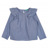 Памучна блуза с дълъг ръкав и къдрици, синя Benetton 265264 