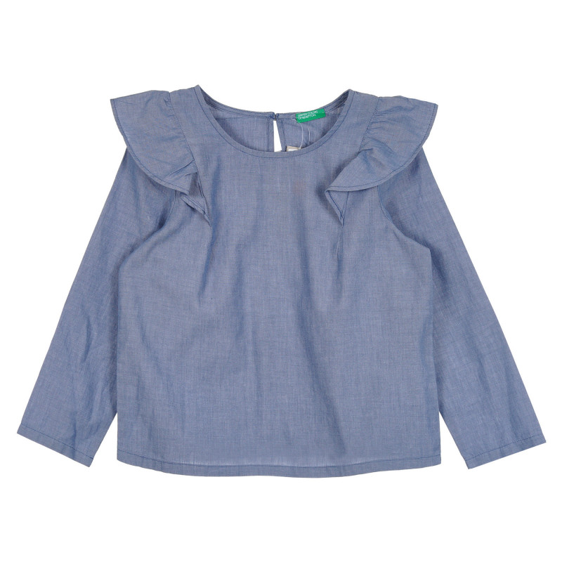 Памучна блуза с дълъг ръкав и къдрици, синя  265264