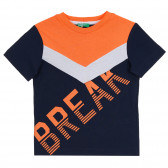 Тениска с надпис Break и оранжев акцент, тъмносиня Benetton 265516 