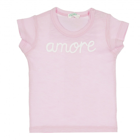 Памучна тениска с надпис Amore за бебе, розова Benetton 268068 