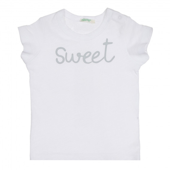 Памучна тениска с надпис Sweet за бебе, бяла Benetton 268076 
