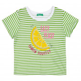 Тениска в зелено и бяло райе с апликация за бебе Benetton 268174 