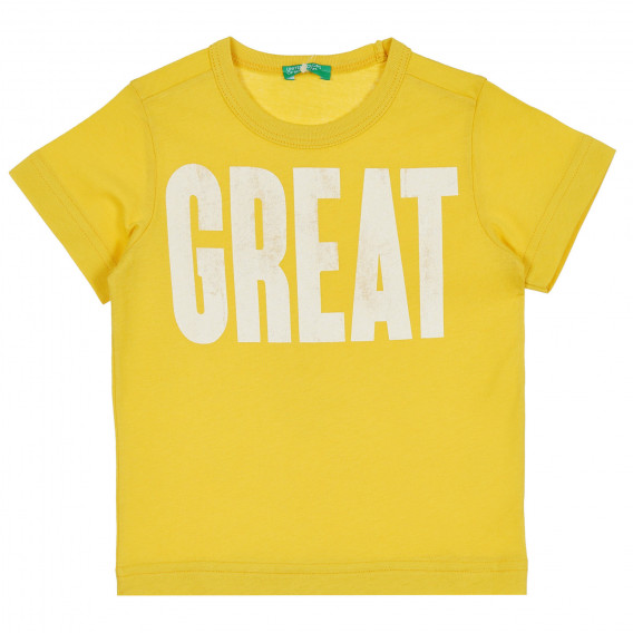 Памучна тениска с надпис Great за бебе, жълта Benetton 268272 