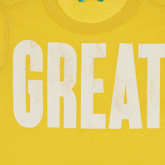 Памучна тениска с надпис Great за бебе, жълта Benetton 268273 2