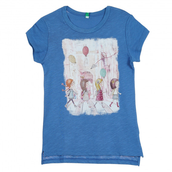 Памучна тениска с щампа и брокатени акценти за бебе, синя Benetton 268322 