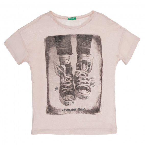 Тениска с щампа- Rock you, светлорозова Benetton 268403 