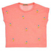 Тениска с къс ръкав и апликация на ананаси, оранжева Benetton 268415 