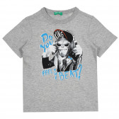 Памучна тениска с щампа на музикална маймуна, сива Benetton 268487 