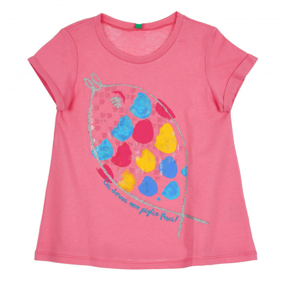 Памучна тениска с щампа на риба за бебе, розова Benetton 268542 