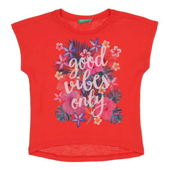 Памучна тениска с флорална щампа за бебе, червена Benetton 268554 