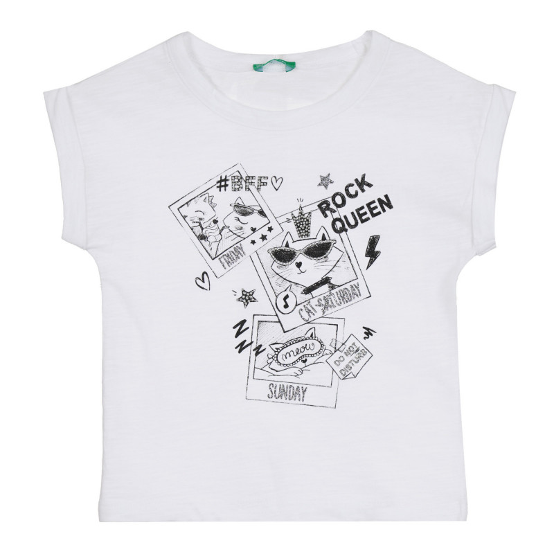 Памучна блуза с щампа на коте за бебе, бяла  268578