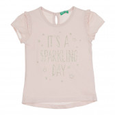 Тениска с брокатен надпис и къдрички, светлорозова Benetton 268633 