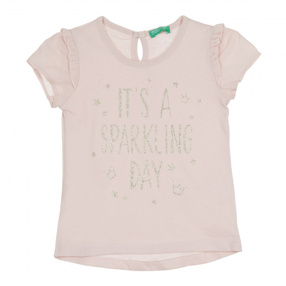 Тениска с брокатен надпис и къдрички, светлорозова Benetton 268633 