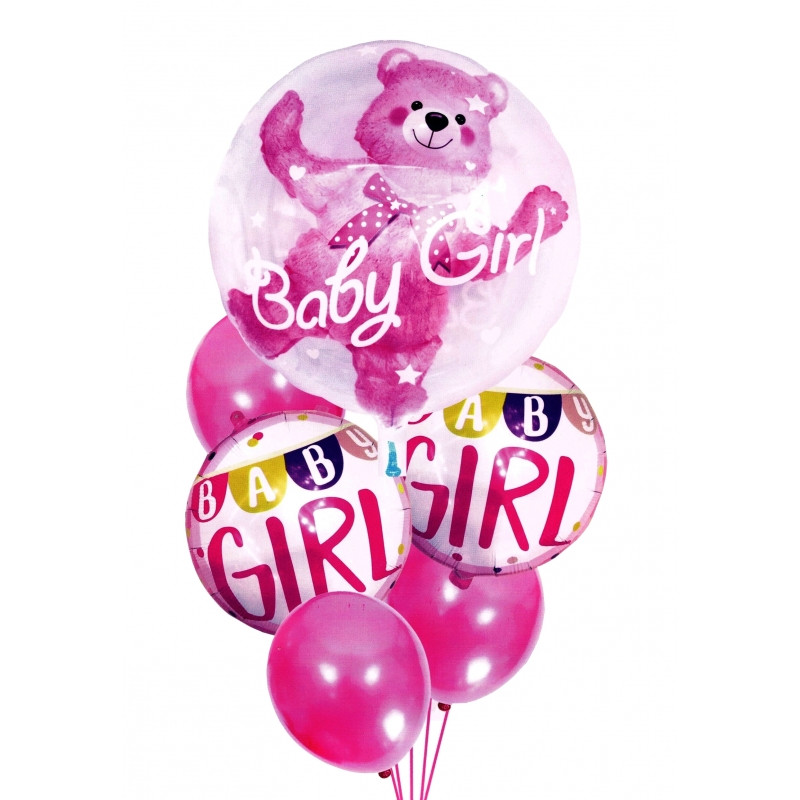 Комплект от 6 балона с конфети в розово с мече за новородено момиче  275548