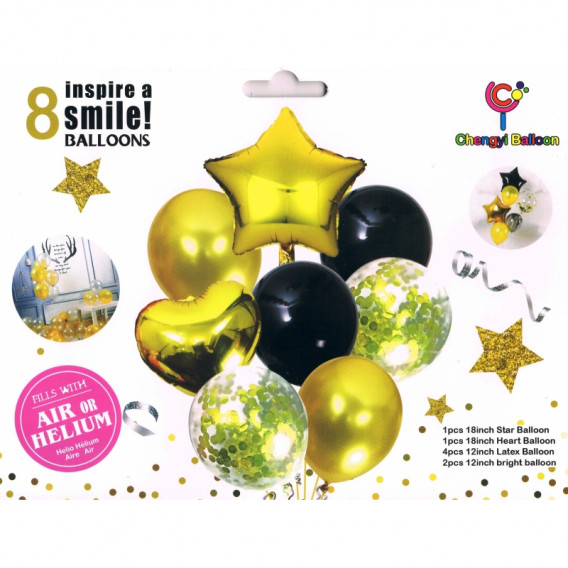Комплект от 8 балона с конфети в златно и черно Ikonka 275556 2