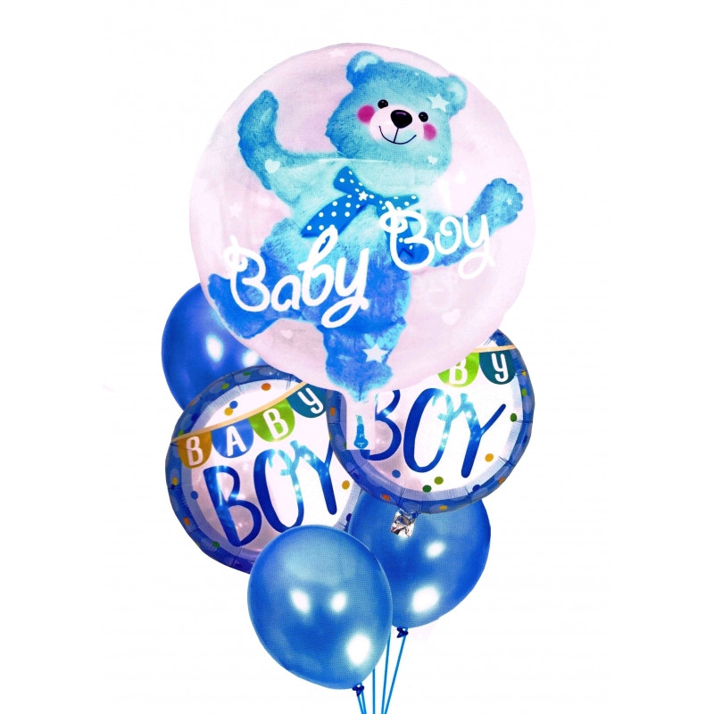 Комплект от 6 балона с конфети в синьо с мече за новородено момче  275559