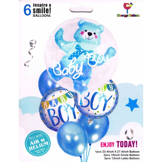 Комплект от 6 балона с конфети в синьо с мече за новородено момче Ikonka 275560 2
