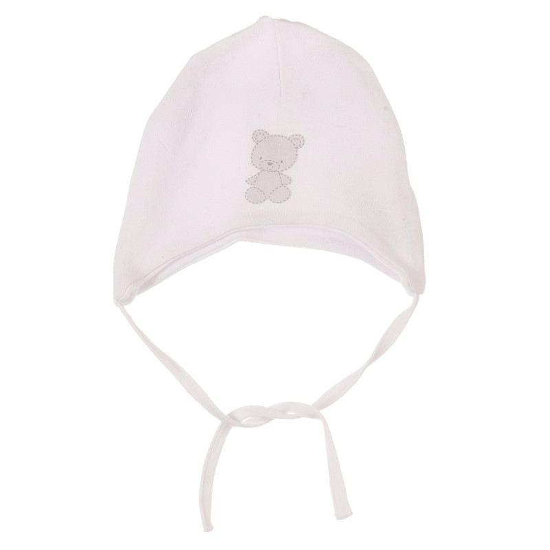 Памучна шапка с връзки и щампа на мече за бебе, бяла  277331