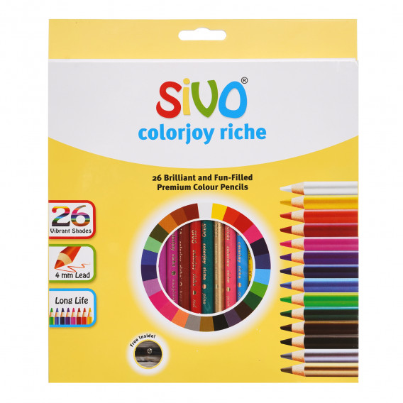 Комплект цветни кръгли моливи, 26 цвята + острилка Sivo 279226 