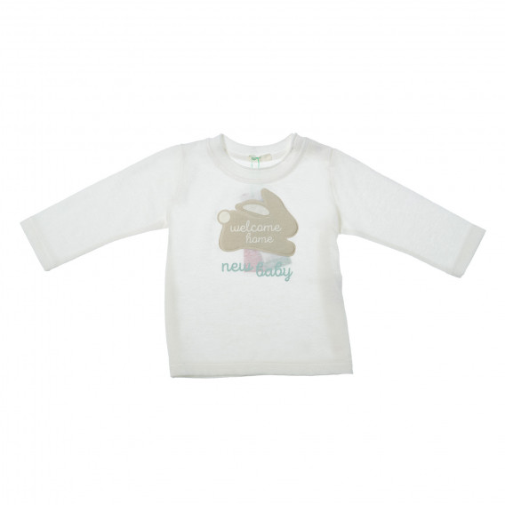 Бяла блуза с дълъг ръкав за бебе  и апликация на заек Benetton 27935 