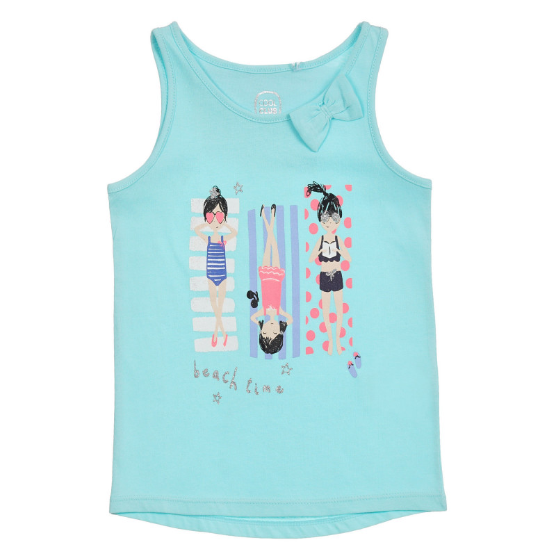 Памучен потник с лятна щампа и панделка, син  279876