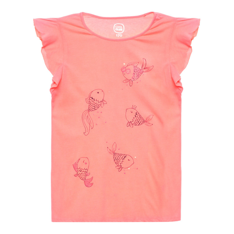 Тениска с апликация на златна рибка в коралов цвят  280426
