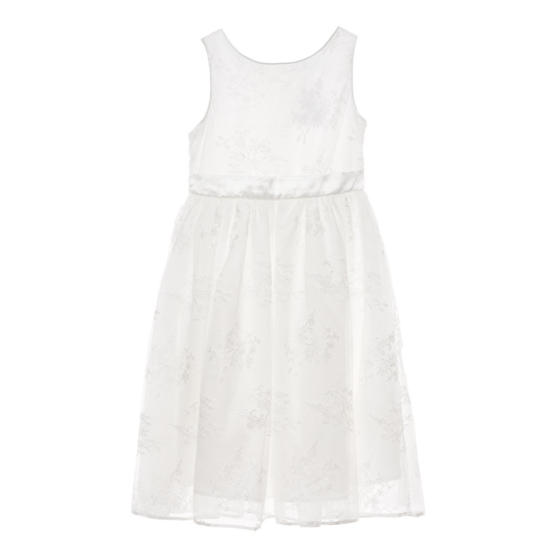 Официална рокля с дантела и текстилен колан, бяла  280529