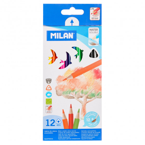 Цветни моливи, Акварелни, 2.9 mm, 12 цвята + четка Milan 281419 