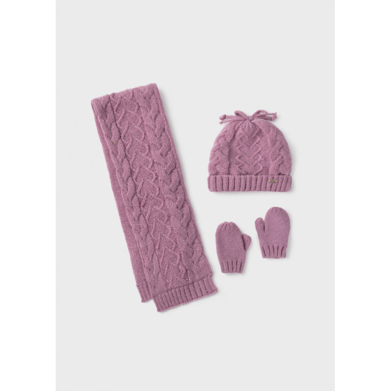 Комплект от шапка, шал и ръкавички за бебе момиче, лилав  287810
