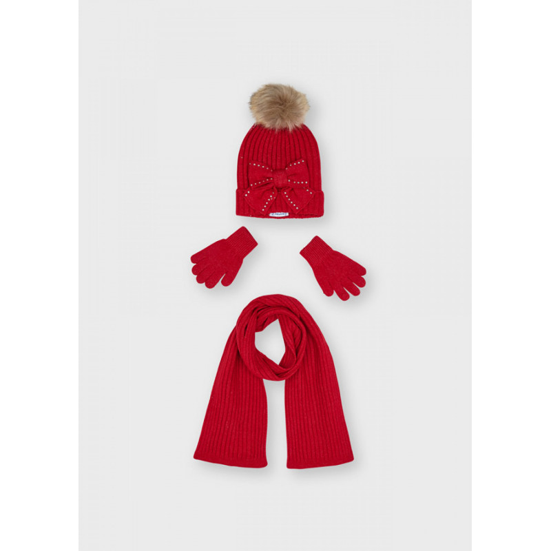 Комплект шапка, шал и ръкавици с апликация от пайети за момиче, червен  287819