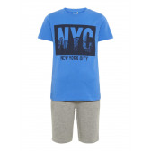 Памучен комплект тениска с къси панталони за момче синьо и сиво Name it 28848 