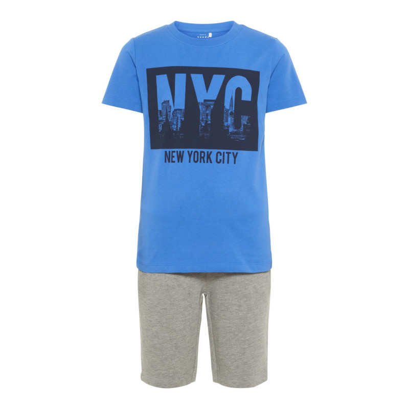 Памучен комплект тениска с къси панталони за момче синьо и сиво  28848