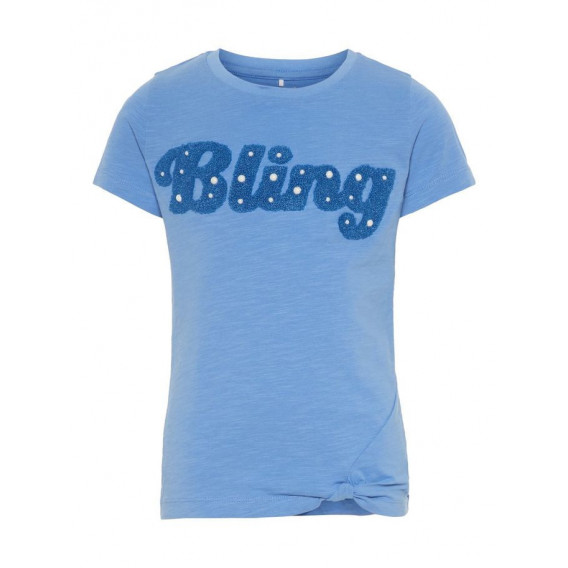 Тениска от био памук с апликация Bling за момиче, синя Name it 28895 