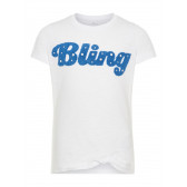 Тениска от био памук с апликация Bling за момиче, бяла Name it 28898 
