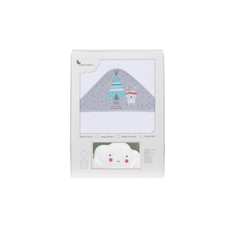Бебешка хавлия за баня TIPI OSO в комплект с лампа Облаче, 100 х 100 см, бяло и сиво  289559