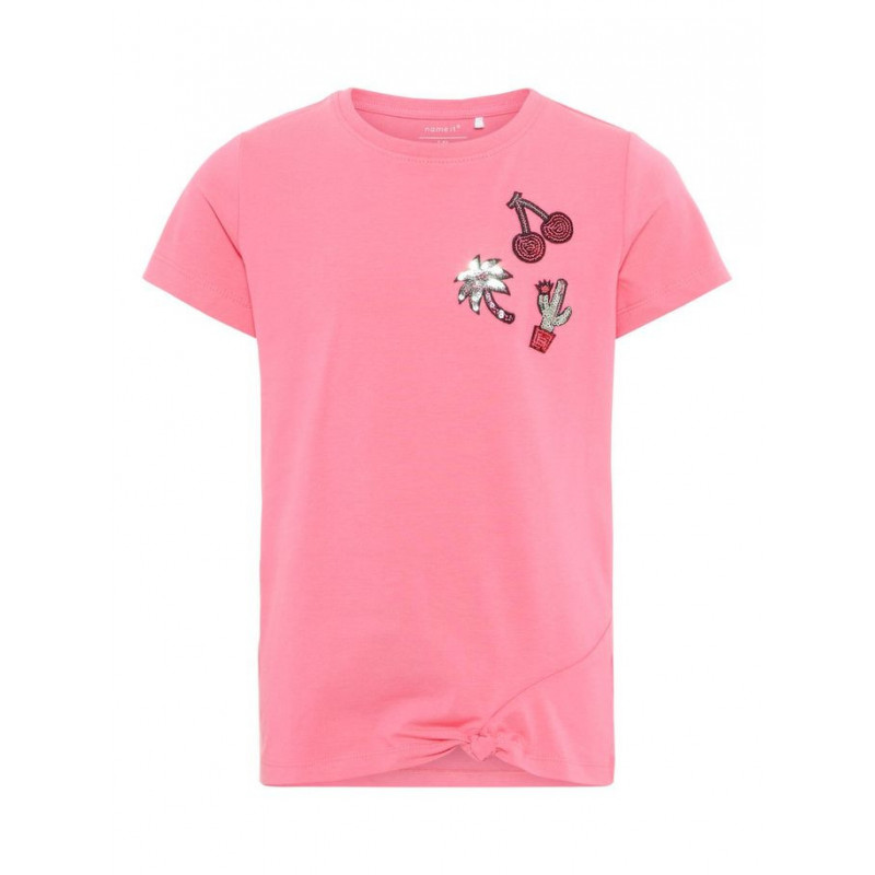 Памучна блуза с къс ръкав и дискретна апликация с пайети, розова  28975