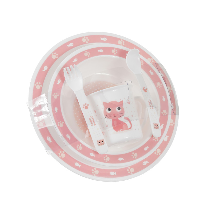 Пластмасов комплект за хранене 5 части с котенце - бяло и розово с борд, Happy Animals  291542