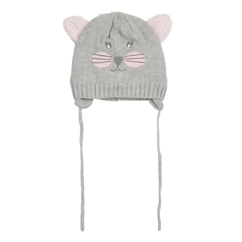 Плетена шапка с ушички и апликация коте ,сива  292462