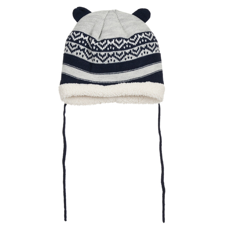 Плетена зимна шапка с пух и фигурален принт ,сива  292529