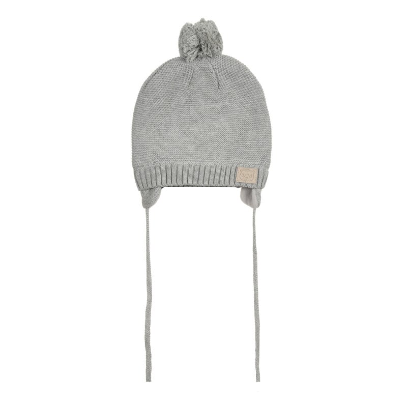 Зимна шапка от памук с помпон и връзки, сива  292646