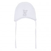 Памучна шапка с връзки и щампа на мече за бебе, бяла Cool club 292838 4