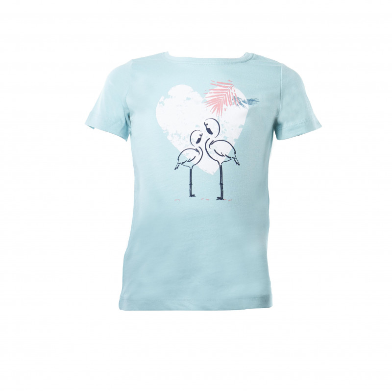 Памучна блуза в цвят минт с къс ръкав и принт на стилизирани птици за момиче  29533