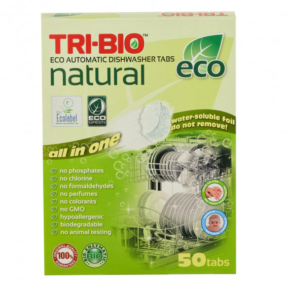 Натурални еко таблетки за съдомиялна, картонена кутия, 50 бр. Tri-Bio 295568 