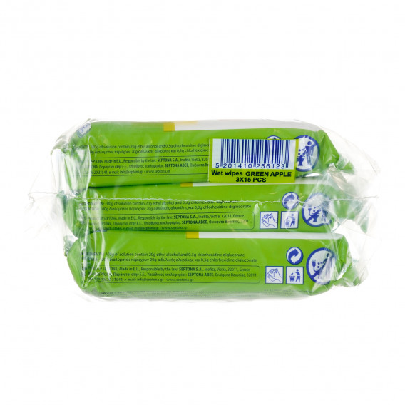 Антибактериални мокри кърпички "зелена ябълка", промо пакет 3 х 15 бр. Septona 303290 2