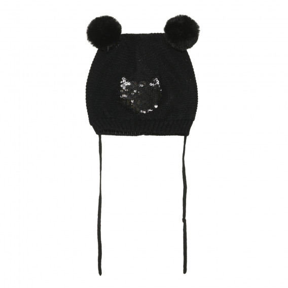 Плетена шапка с помпони-ушички и апликация на коте, черна Cool club 304144 4