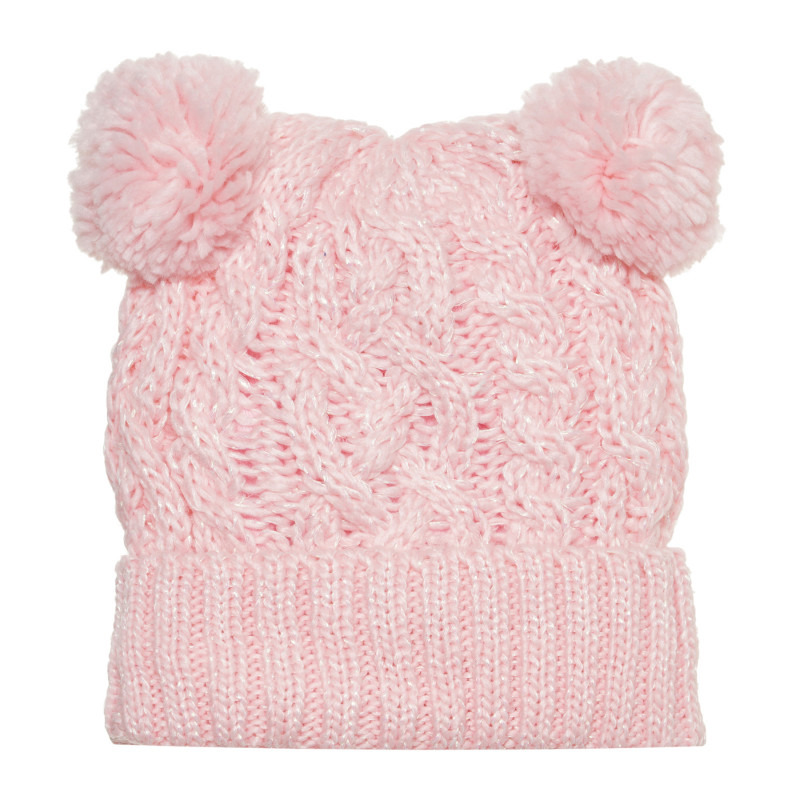 Плетена шапка с помпони-ушички за бебе, розова  304240
