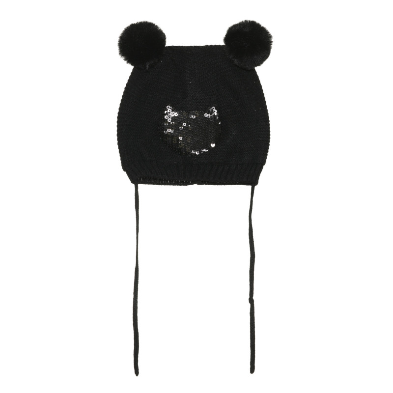 Плетена шапка с помпони-ушички и апликация на коте, черна  304244