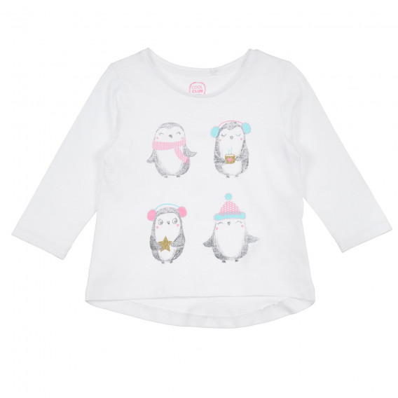 Памучна блуза с дълъг ръкав и апликация на пингвини, бяла Cool club 304754 