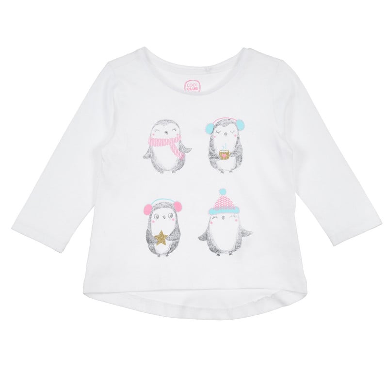 Памучна блуза с дълъг ръкав и апликация на пингвини, бяла  304754