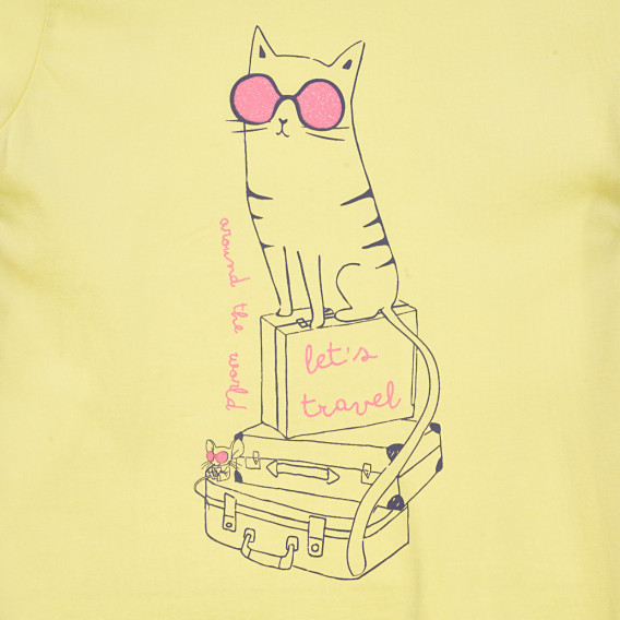 Тениска с щампа на коте и брокатен акцент, жълта Cool club 306640 2